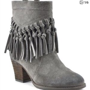 Sbicca Suede Fringe Bootie in Style Sound, color charcoal ,size 8.5